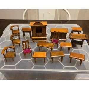 Vintage Wood Dollhouse Furniture Chairs Tables Dresser Lot 15 pcs